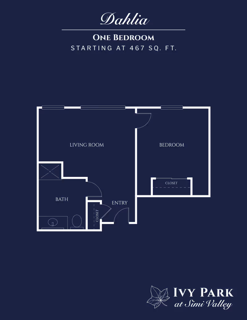 Blueprint-style floor plan titled 'Dahlia' showing a one-bedroom, one-bath apartment layout.