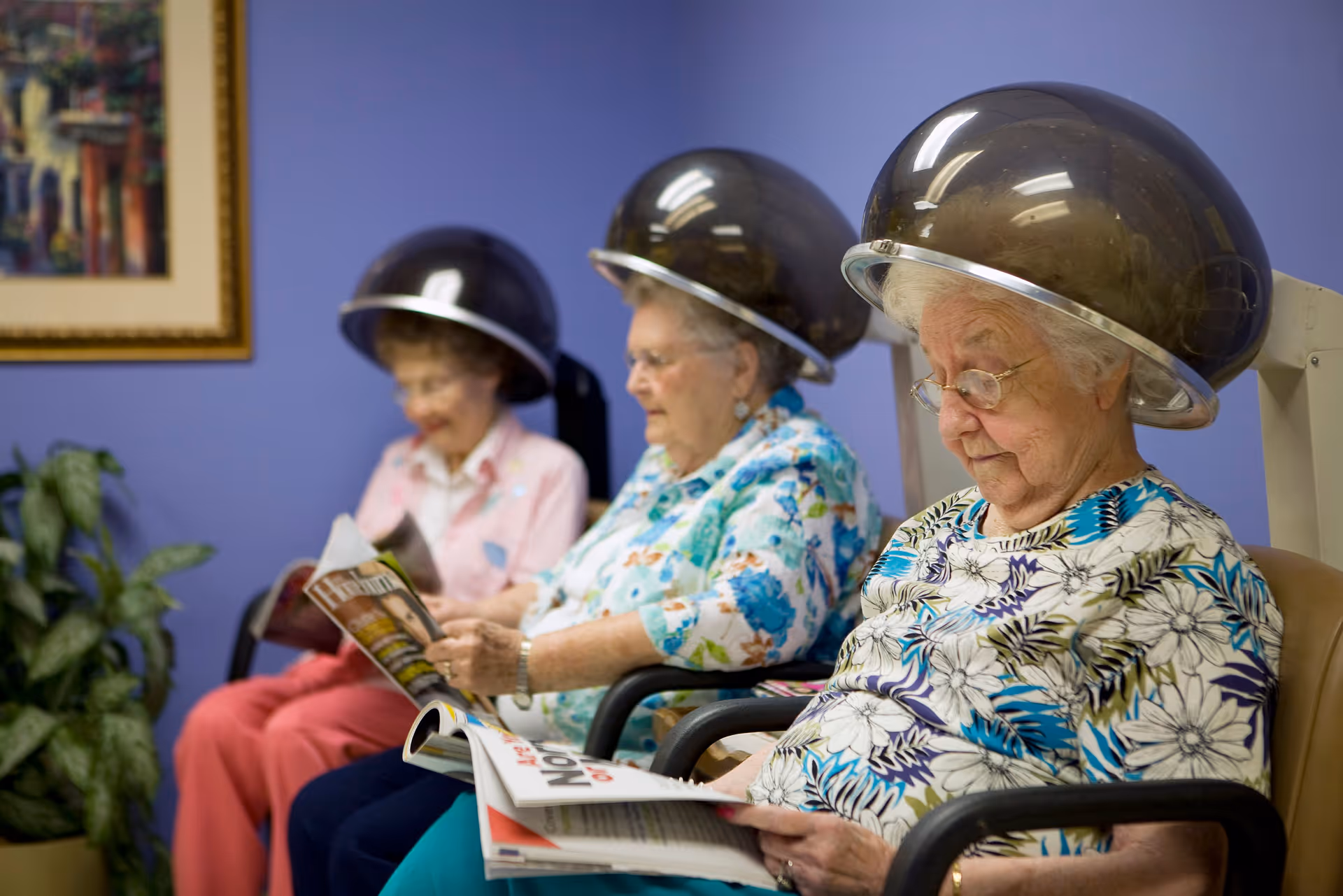 Three elderly women sitting side by side under hair drying machines in a salon area, each reading a magazine. The background features a purple wall with a framed painting and a potted plant.