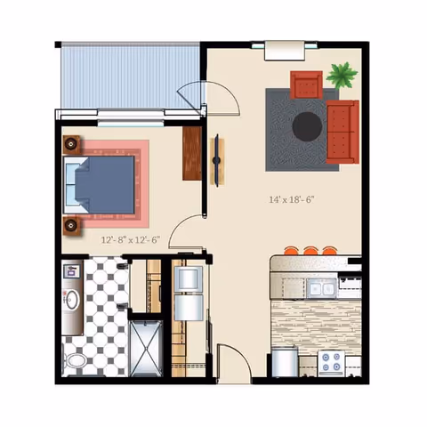 Floor plan of a one-bedroom apartment at Bonaventure of Vancouver showing a bedroom with a bed and two nightstands, a bathroom with a toilet, sink, and shower, a kitchen with appliances and a counter with three stools, and a living room with a sofa, armchair, coffee table, TV, and a plant. The dimensions of the bedroom and living room are labeled.