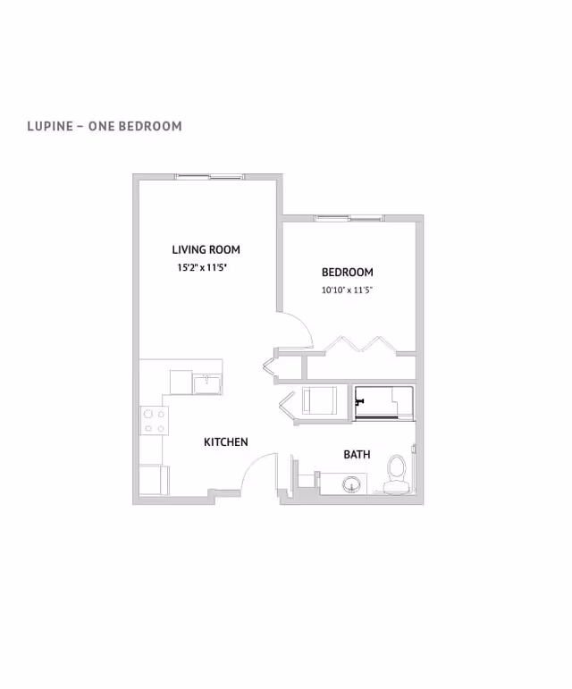 Floor plan titled 'Lupine - One Bedroom' showing a living room, kitchen, bedroom, and bathroom with room dimensions.