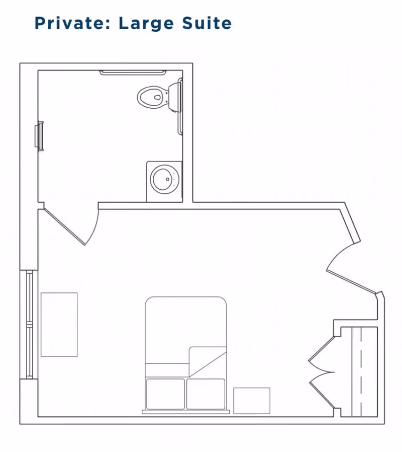 Floor plan layout of a private large suite showing a bedroom area with a bed and nightstand, a closet, and an attached bathroom with a toilet and sink.