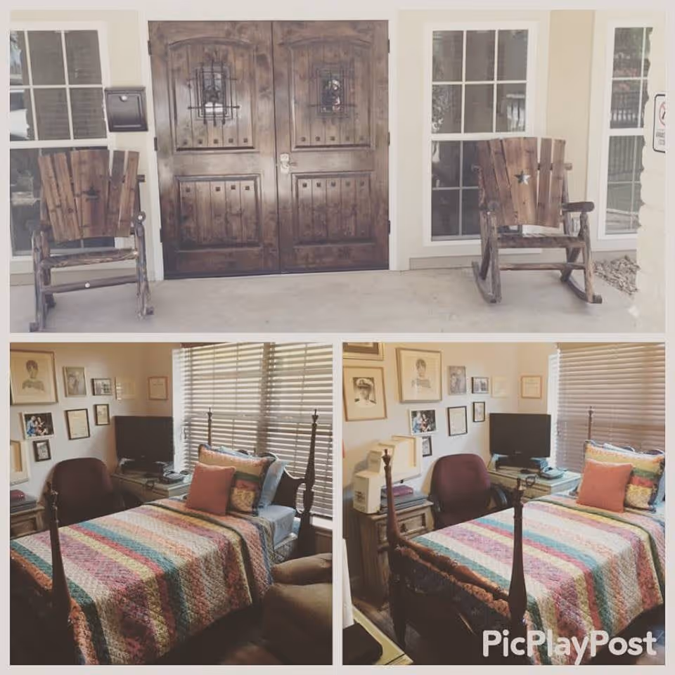 Collage of three images showing the entrance and a bedroom of Starlight Homes. The top image shows a wooden double door entrance with two rustic wooden rocking chairs on either side. The bottom two images show a cozy bedroom with a colorful striped quilt on a four-poster bed, a burgundy chair, a TV on a small table, and framed pictures on the walls.