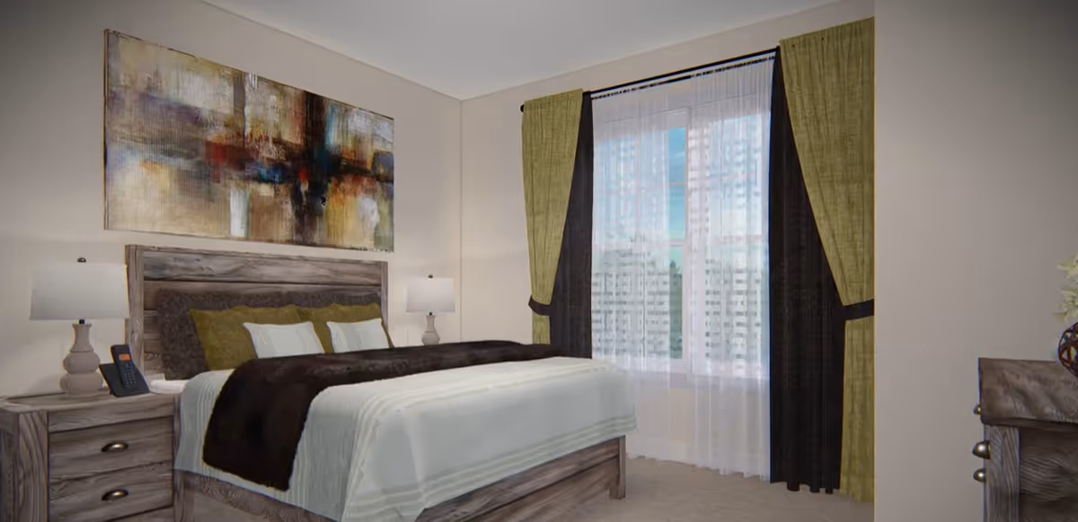 A bedroom with a wooden bed frame and headboard, a neatly made bed with white and brown bedding, two bedside tables each with a lamp, a telephone on the left bedside table, a large abstract painting above the bed, and a window with sheer white curtains and green and black drapes.