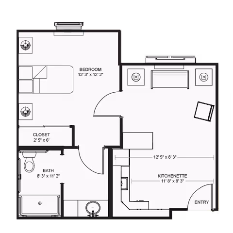 Architectural floor plan of a senior living unit at Volante Senior Living of Round Rock showing a bedroom with a bed and two nightstands, a closet, a bathroom with a toilet, sink, and shower, a living area with a sofa, two side tables, and a chair, and a kitchenette with a sink and counter space near the entry door.