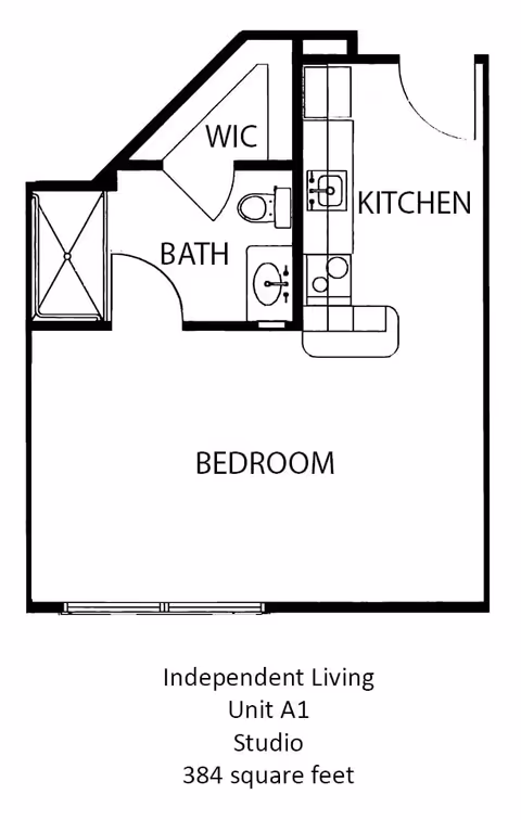 Floor plan of an independent living studio unit A1 at The Waterford on Highland Colony, showing a bedroom area, kitchen, bathroom, and walk-in closet. The unit is 384 square feet.