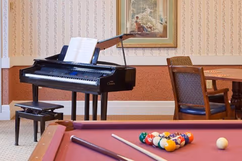 Interior room with a black grand piano and bench, a framed painting on the wall, a wooden chair with cushioned seat and back, and a pool table with billiard balls arranged in a triangle and two pool cues resting on the table.