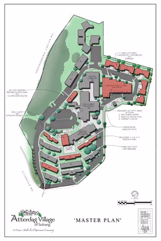 Master plan site map of Atterdag Village of Solvang showing building footprints, roads, parking areas, and landscaping.