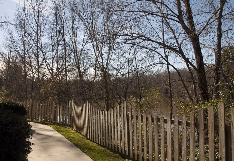 A curved concrete pathway bordered by a wooden picket fence on one side and bushes on the other, with leafless trees and a body of water visible in the background under a clear sky.