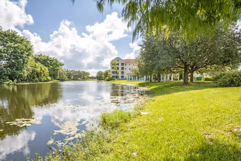 A serene outdoor scene featuring a calm pond with lily pads, surrounded by lush green grass and trees. In the background, there is a multi-story building partially visible under a partly cloudy blue sky.
