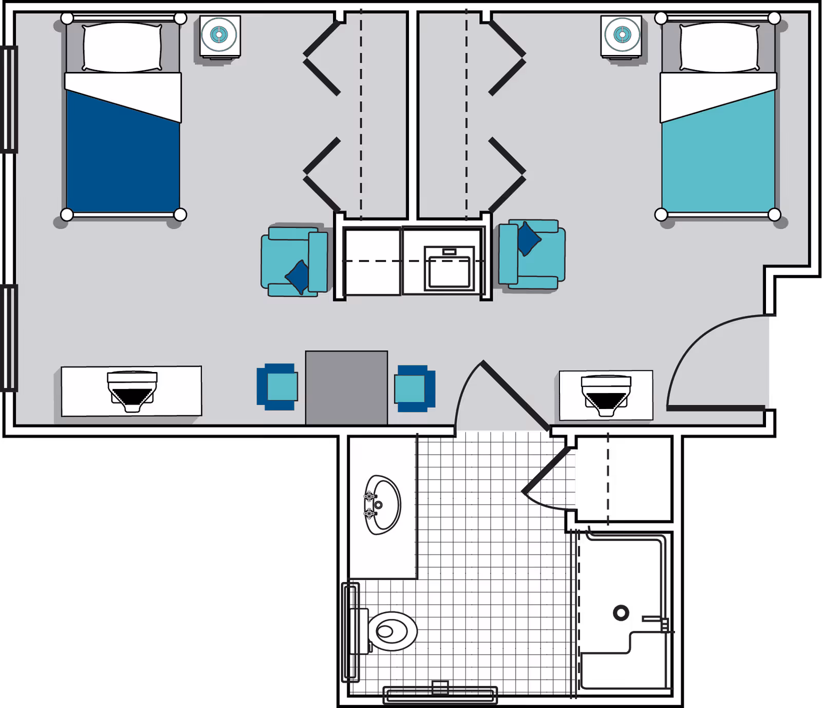 Floor plan of a senior living unit at Oaks at Alpharetta showing two bedrooms, each with a bed, nightstand, and chair. The bedrooms are separated by closets and a small seating area with two chairs and a table. There is a bathroom with a sink, toilet, and shower located below the bedrooms.