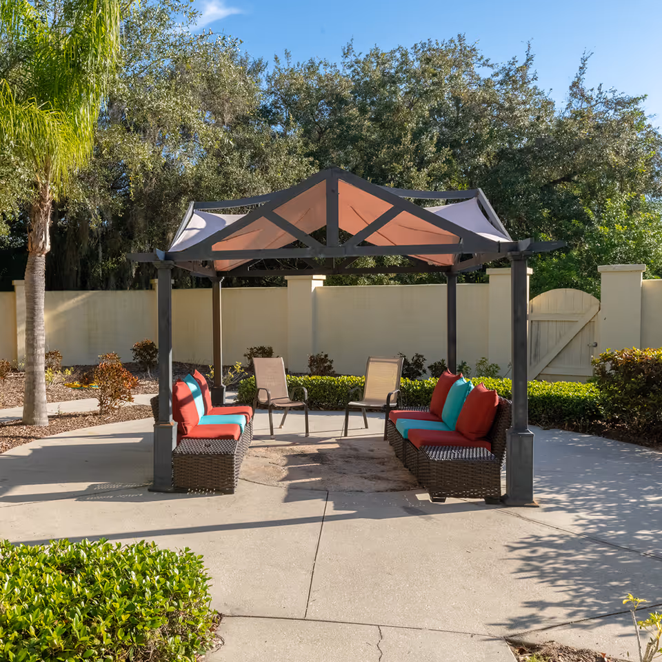 Outdoor seating area with a pergola featuring a fabric canopy. There are two wicker benches with red and turquoise cushions facing each other and two beige chairs in the middle. The area is surrounded by greenery, a palm tree, and a beige wall with a wooden gate under a clear blue sky.