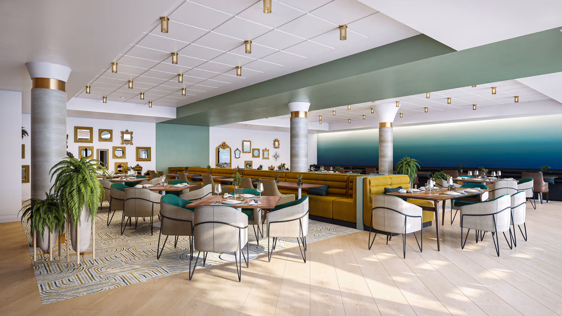 A spacious and modern dining room with multiple tables set with plates, glasses, and cutlery. The room features comfortable chairs with light upholstery and green cushions, mustard yellow booth seating, decorative plants, and a wall adorned with various gold-framed mirrors. The ceiling has a grid pattern with multiple small gold light fixtures, and the floor is light wood with a patterned rug under some tables.