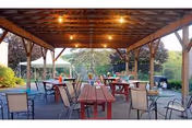 Covered outdoor patio with picnic tables, chairs, hanging lights, and surrounding greenery.
