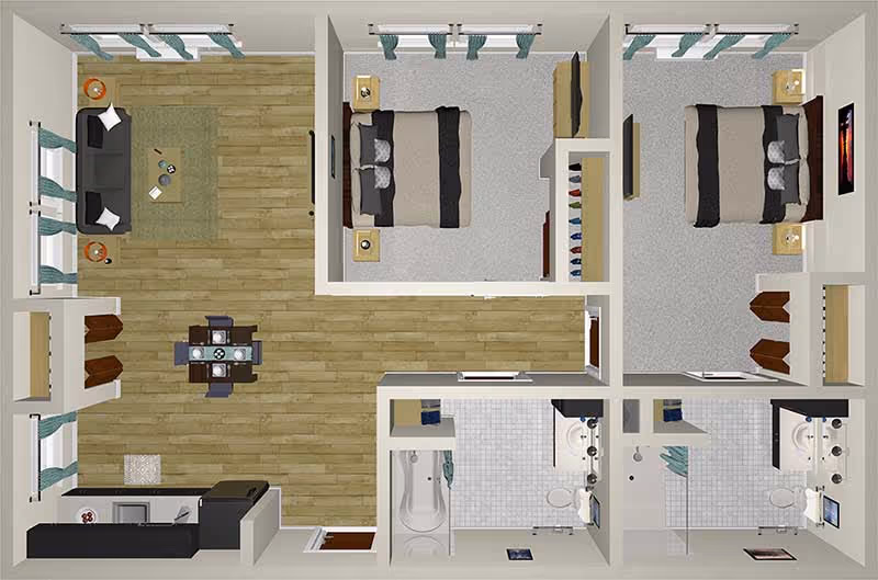 Top-down floor plan of a senior living apartment featuring two bedrooms with beds and nightstands, a living room with a sofa and coffee table, a dining area with a table and chairs, a kitchen with appliances, and two bathrooms with sinks, toilets, and a bathtub.