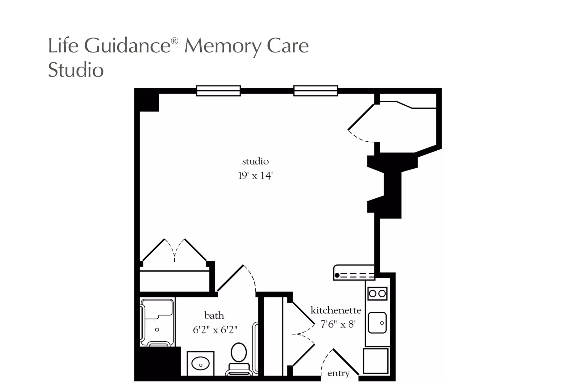Floor plan layout of a Life Guidance Memory Care Studio apartment showing a studio area measuring 19 feet by 14 feet, a bath measuring 6 feet 2 inches by 6 feet 2 inches, a kitchenette measuring 7 feet 6 inches by 8 feet, and an entry area.