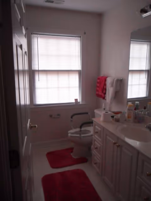 Small bathroom with grab bars, sink, toilet, red mats, towels, and two bright windows.