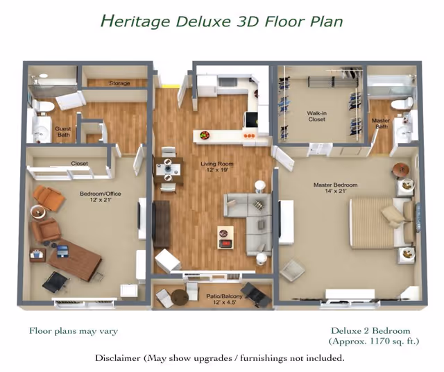 3D floor plan of Heritage Deluxe 2 Bedroom apartment showing a living room, kitchen, master bedroom with walk-in closet and master bath, a bedroom/office with closet, guest bath, storage, and a patio/balcony.