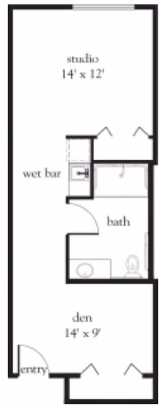 Floor plan of a studio apartment at Atria Tamalpais Creek showing an entry leading to a den measuring 14 feet by 9 feet, a bathroom with a sink, toilet, and shower, a wet bar area, and a studio space measuring 14 feet by 12 feet.