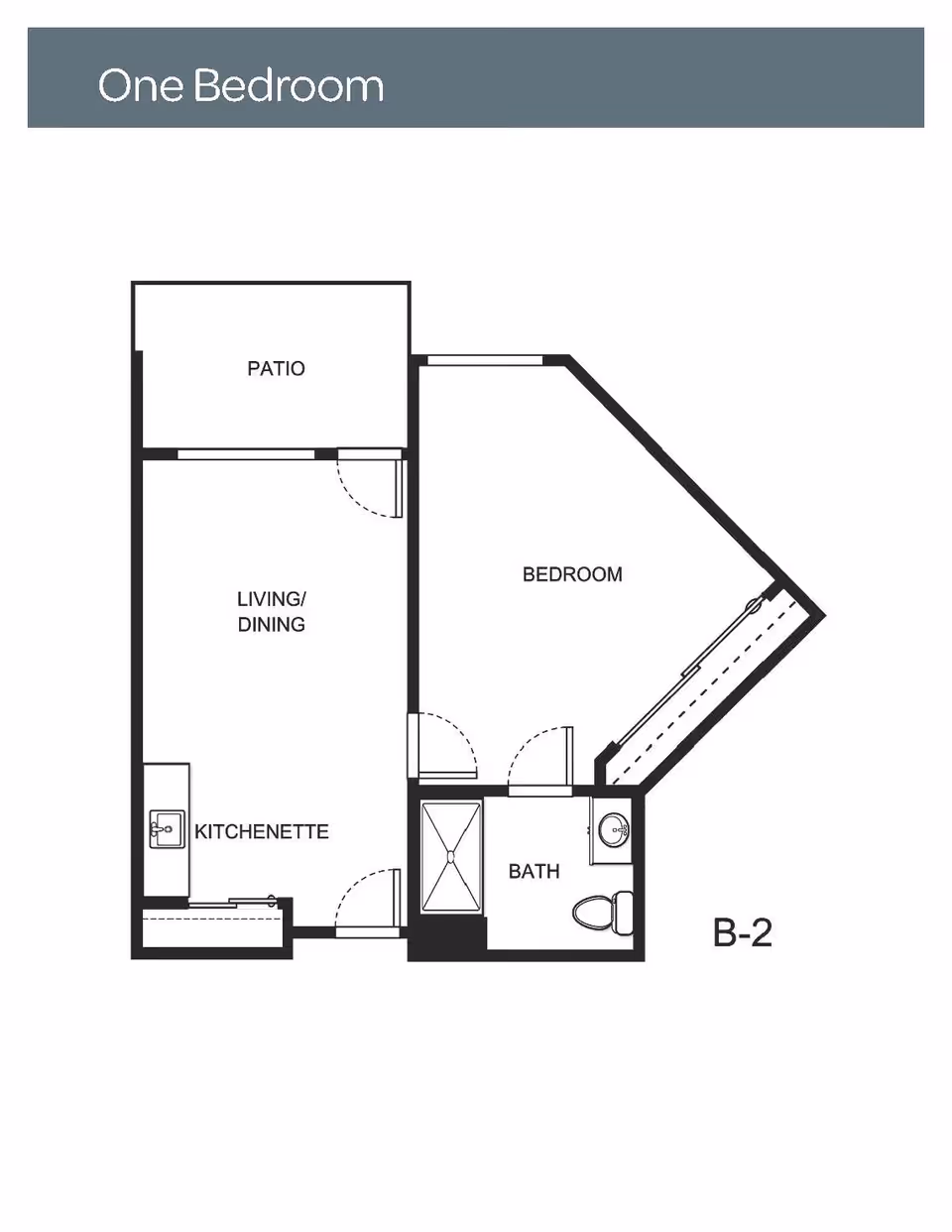 Floor plan of a one-bedroom apartment labeled B-2, showing a patio, living/dining area, kitchenette, bedroom, and bathroom.