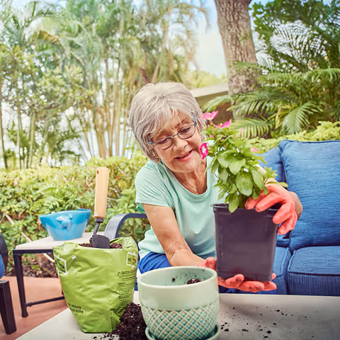 An elderly woman wearing glasses and red gardening gloves is planting a flowering plant into a pot outdoors. She is seated near a blue cushioned outdoor sofa with gardening tools and soil around her, surrounded by lush green plants and trees.