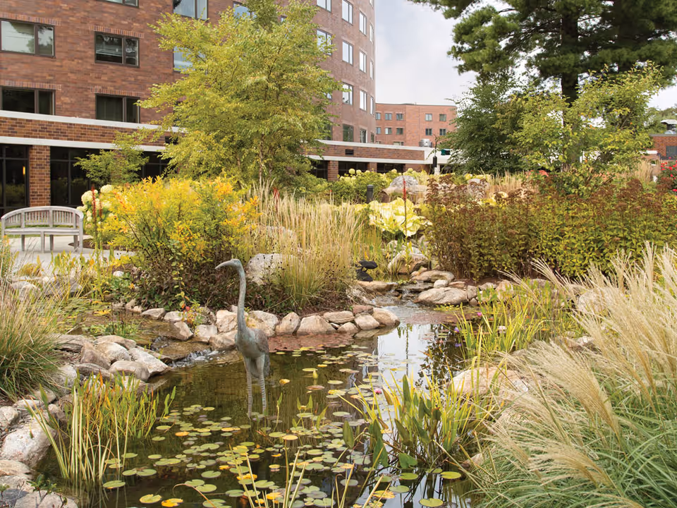 Landscaped outdoor courtyard with a pond, an ornamental heron statue, water lilies, tall grasses and benches in front of a brick building.