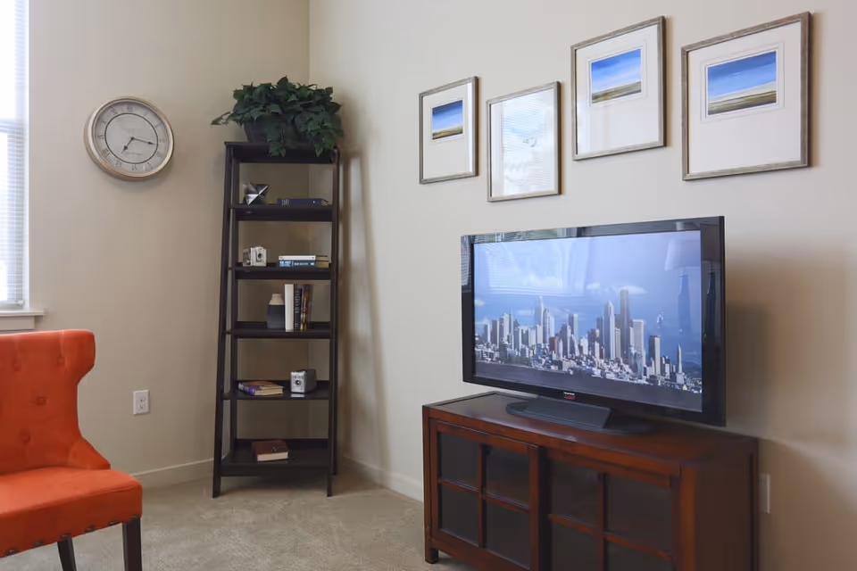 A cozy living room corner featuring an orange upholstered chair, a tall black shelving unit with books and decorative items, a wall clock, and a flat-screen TV on a wooden cabinet. Above the TV, four framed pictures are hung on the wall.