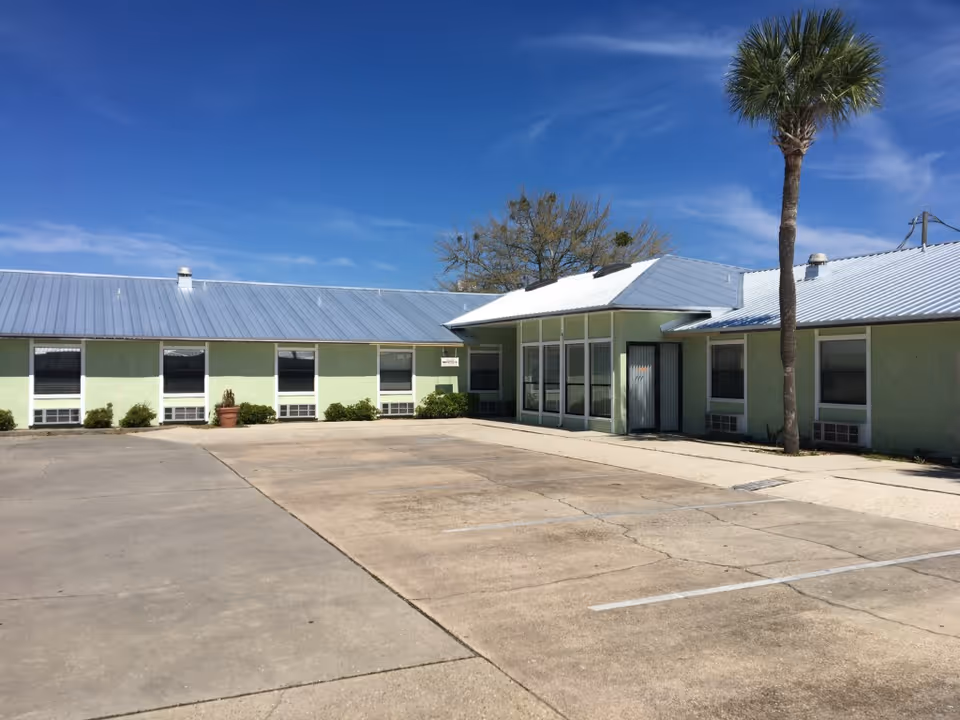 Single-story pale-green building with a metal roof, a palm tree by the entrance, and an empty paved parking area under a clear blue sky.