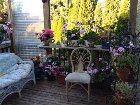 A small outdoor patio with wicker furniture and numerous potted flowering plants.