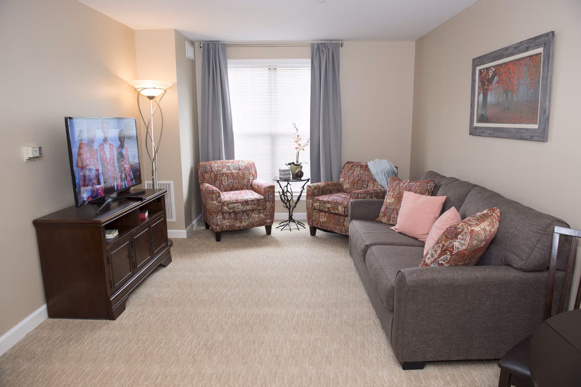 A cozy living room with a gray sofa adorned with patterned and solid pink pillows, two patterned armchairs, a small decorative table with a plant, a flat-screen TV on a wooden stand, a floor lamp, and a framed picture of autumn trees on the wall.