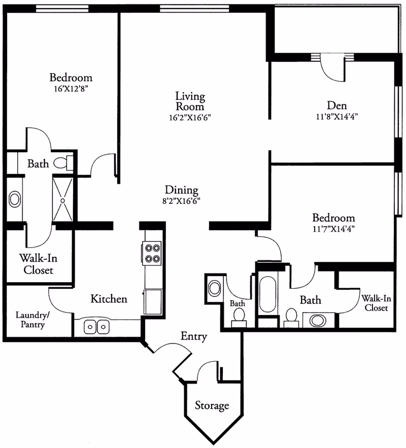 Architectural floor plan of a residence at Mountain View Retirement Village showing two bedrooms, a den, three bathrooms, a living room, dining area, kitchen with laundry/pantry, entry, and storage space. The bedrooms each have walk-in closets.