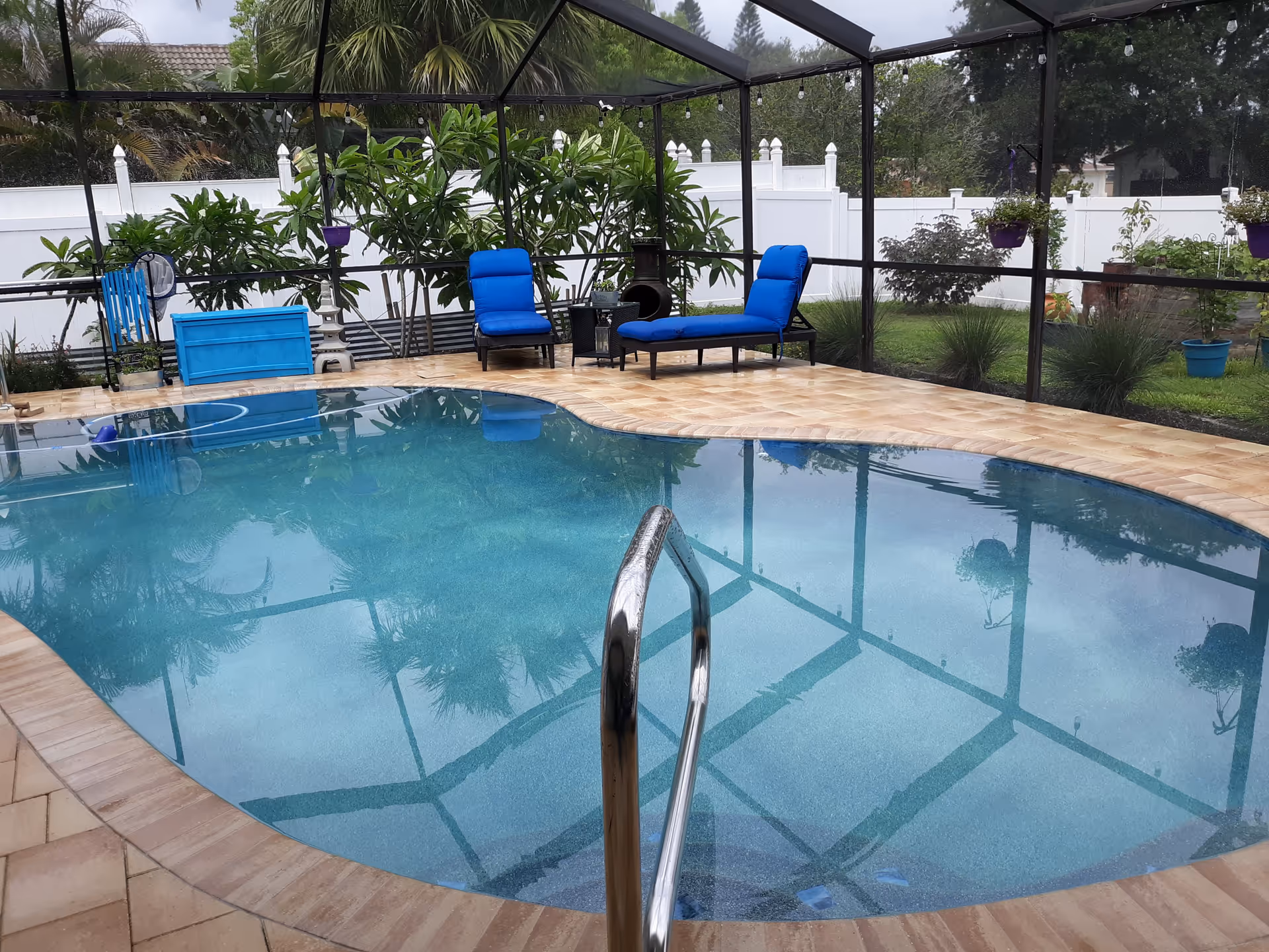 A screened-in outdoor pool area with clear blue water, surrounded by a tiled deck. There are two blue cushioned lounge chairs and a small table near the back, with various green plants and a white fence in the background.