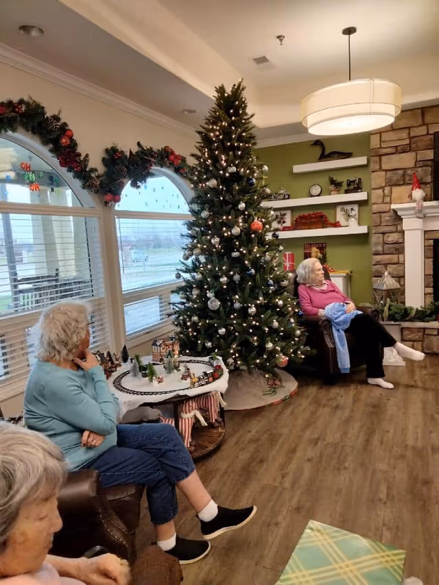 A cozy living room decorated for Christmas with a tall Christmas tree adorned with lights and ornaments. Three elderly women are seated on chairs around the room, near a window with garland decorations and a stone fireplace with holiday decor. The room has wooden flooring and shelves with various decorative items.