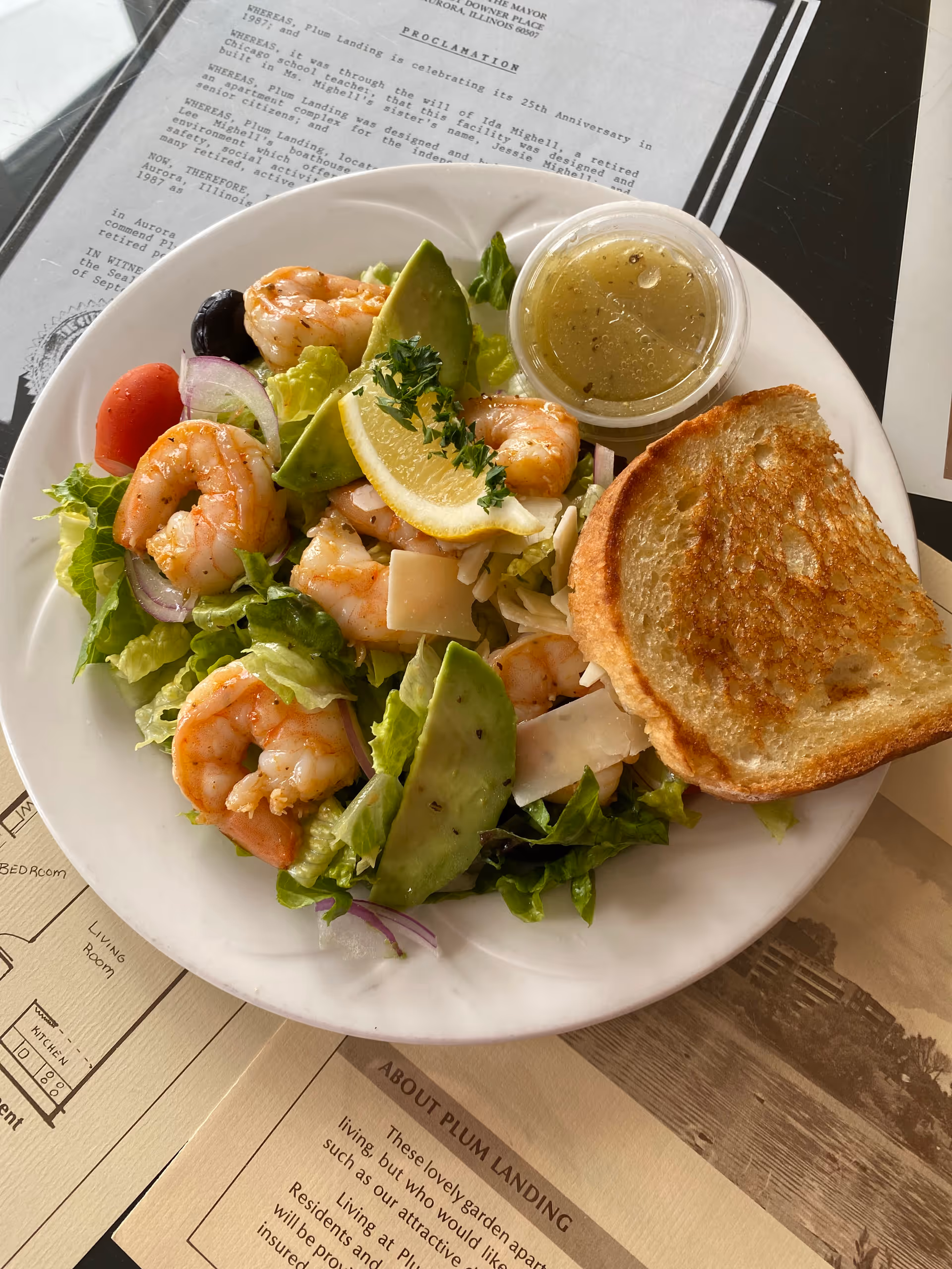 A plate of shrimp salad with lettuce, avocado slices, cherry tomatoes, red onion, black olives, cheese shavings, a lemon wedge, and a small container of dressing, served with a slice of toasted bread. The plate is placed on top of papers including a proclamation and information about Plum Landing Retirement Community.
