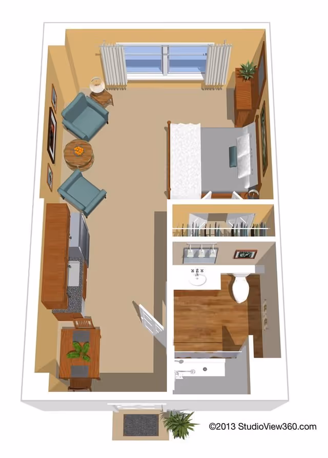 3D overhead floor plan of a studio apartment showing a bed, seating area, kitchenette, dining table and a bathroom.