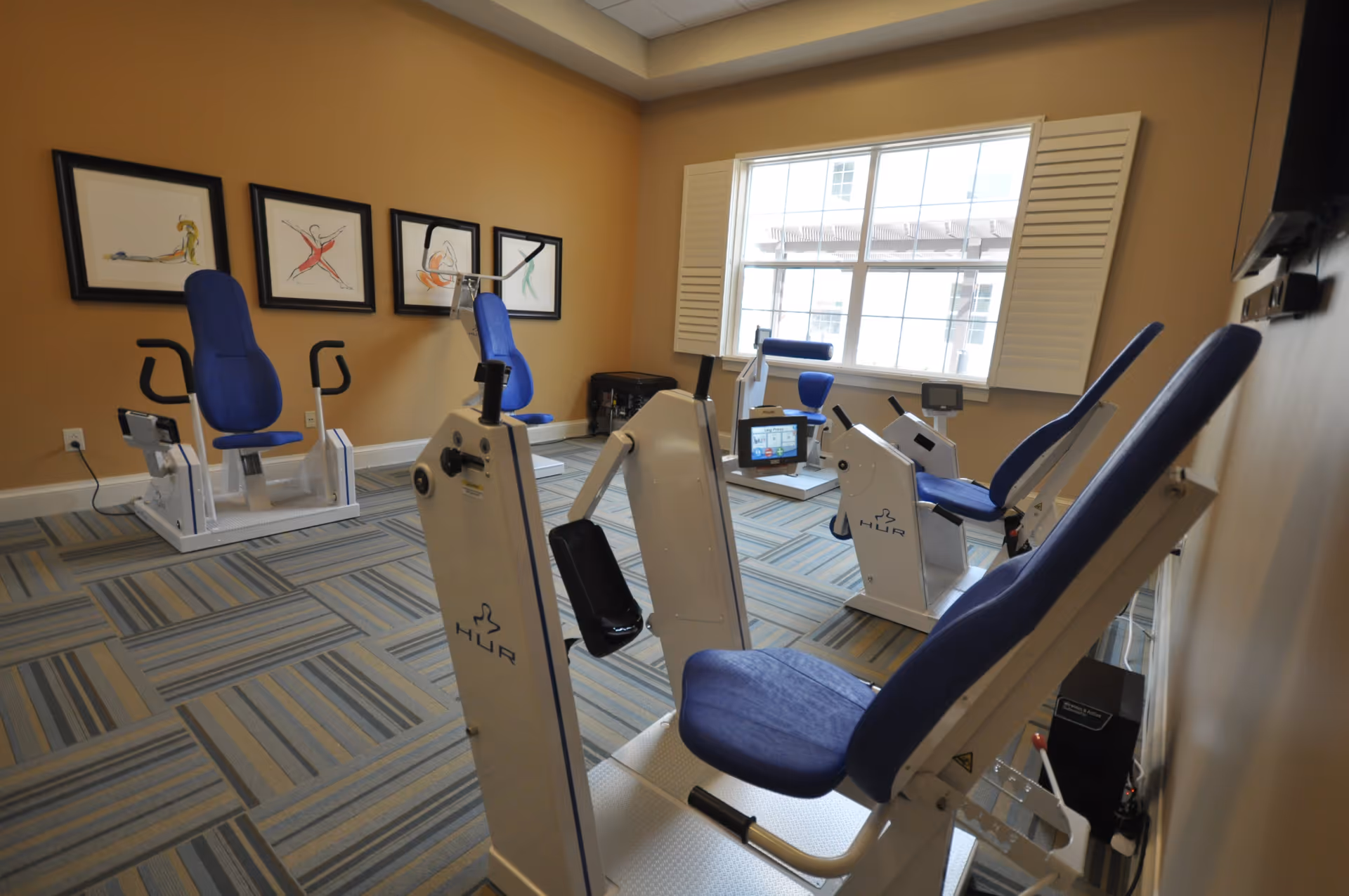 A small exercise room with several pieces of seated fitness equipment with blue padded seats. The room has beige walls, a large window with white shutters, and framed artwork on the wall. The floor is carpeted with a striped pattern.