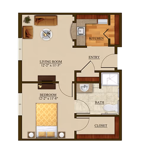 Floor plan of a one-bedroom apartment at The Harmony Collection at Columbia, showing a living room with sofa and chair, a kitchen, an entryway, a bedroom with a bed and nightstands, a bathroom with a sink, toilet, and shower, and a closet.