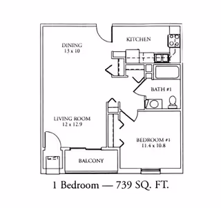Floor plan of a one-bedroom apartment with a total area of 739 square feet, showing a dining area, kitchen, bathroom, bedroom, living room, and balcony.