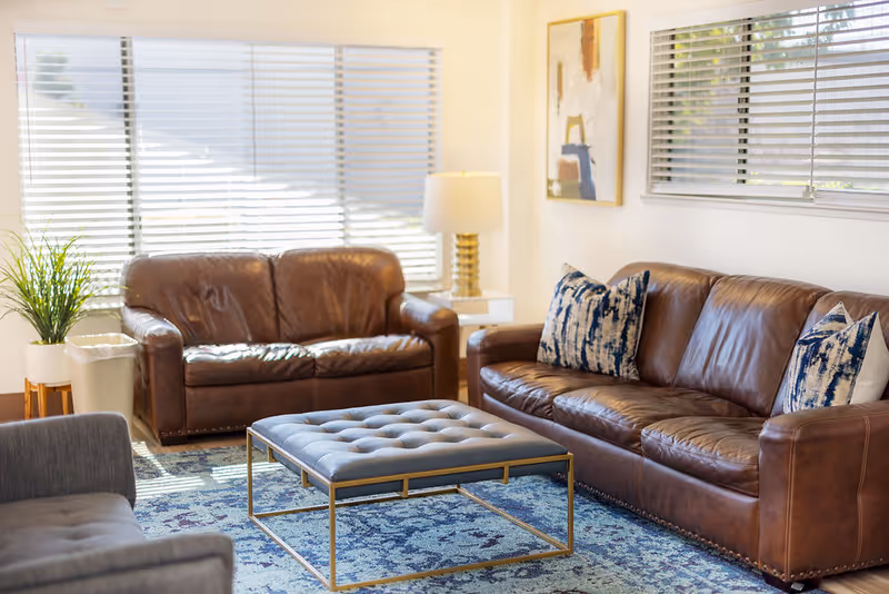 Sunlit living room with two brown leather sofas, a tufted ottoman on a blue rug, and a lamp by the window.