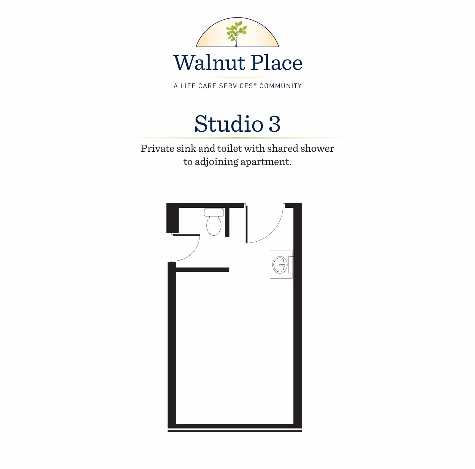Floor plan for Studio 3 at Walnut Place showing a private sink and toilet with a shared shower to an adjoining apartment.