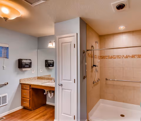 Interior view of a bathroom in an assisted living facility featuring a walk-in shower with grab bars and a handheld showerhead, a granite countertop with a sink, wooden cabinetry, a large mirror, and a paper towel dispenser mounted on the wall.