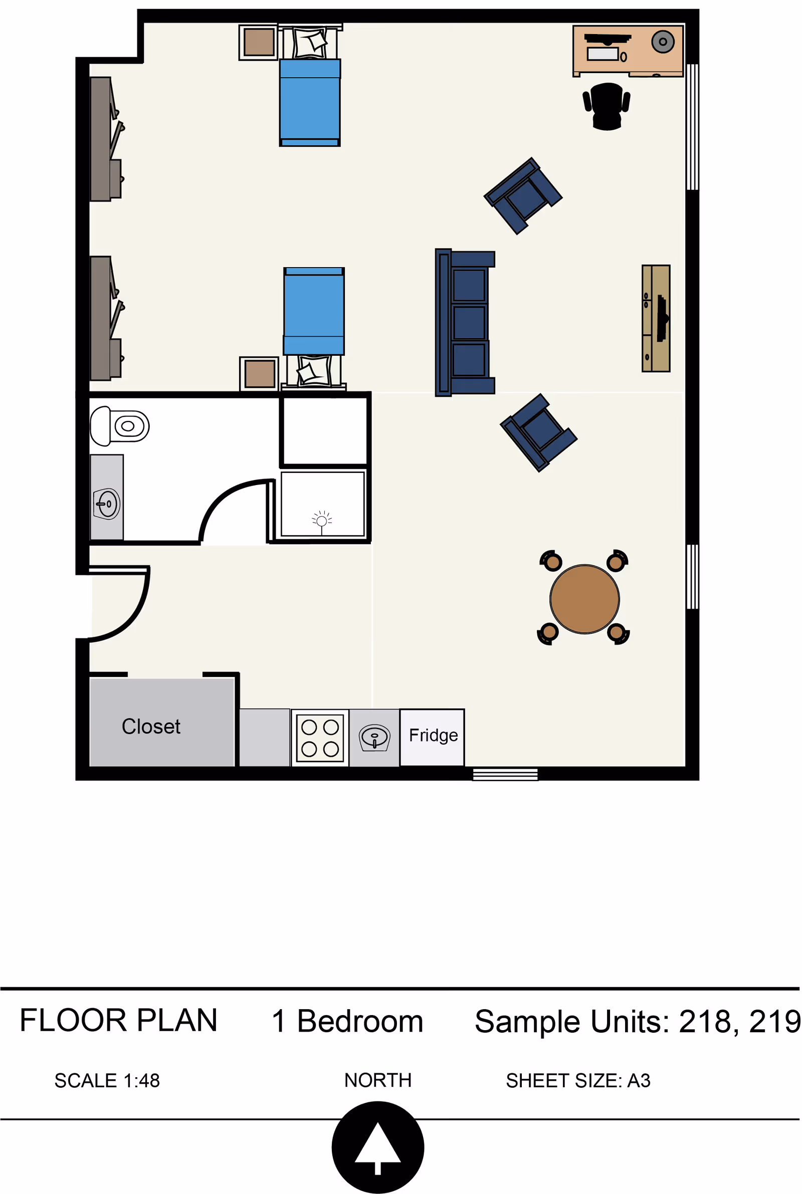 Floor plan of a one-bedroom assisted living unit showing a bedroom with two beds, a bathroom, a closet, a kitchen area with stove and fridge, a living room with sofa, two chairs, TV, desk with chair, and a dining area with a round table and four chairs.