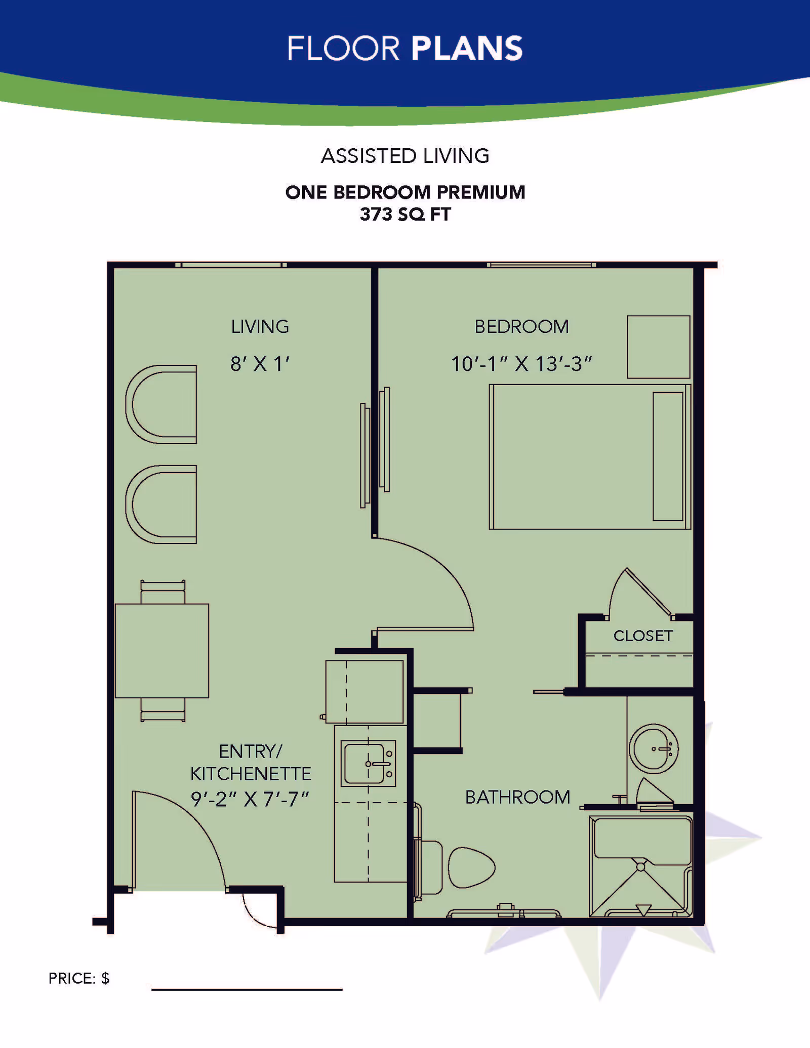 Floor plan of an assisted living one bedroom premium apartment with 373 square feet. The layout includes a living area measuring 8 feet by 11 feet, a bedroom measuring 10 feet 1 inch by 13 feet 3 inches, an entry/kitchenette area measuring 9 feet 2 inches by 7 feet 7 inches, a bathroom, and a closet.