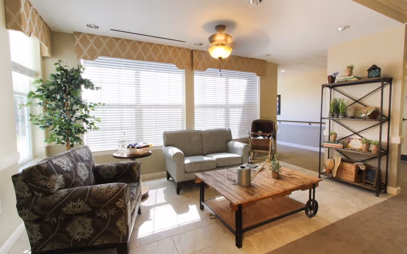 A bright and cozy living room area with large windows covered by blinds and valances. The room features a patterned armchair, a gray loveseat, a wooden coffee table with a watering can and small plant, a side table with a tray, a tall potted plant, and a black metal shelving unit with decorative items and plants.