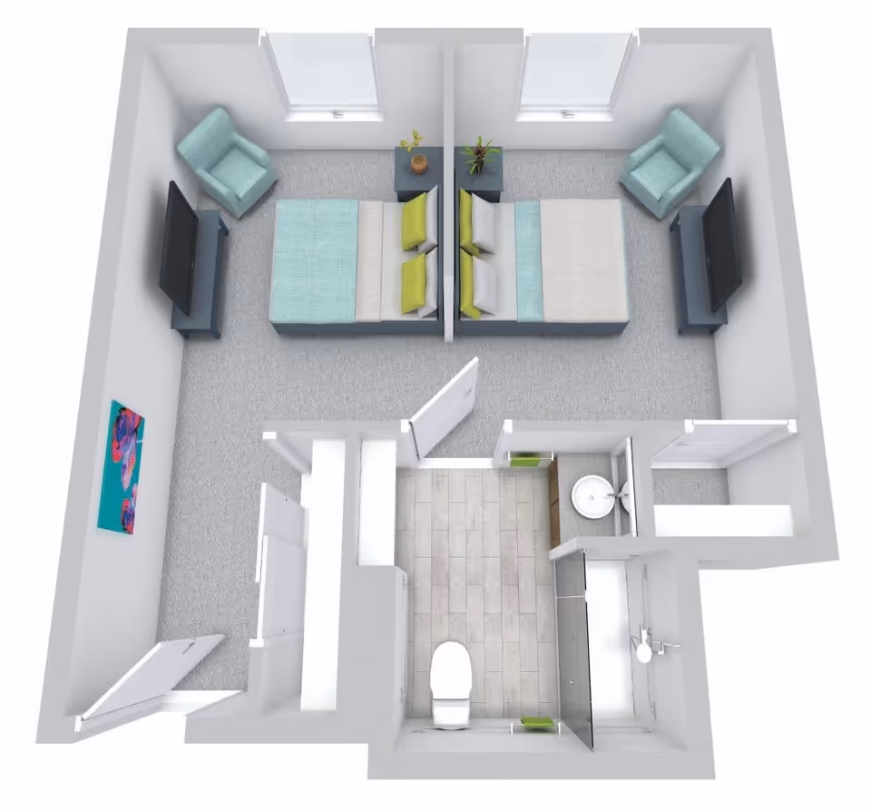 3D floor plan of a senior living unit featuring two adjacent bedrooms separated by a wall, each with a bed, armchair, TV on a stand, and a window. The unit includes a shared bathroom with a toilet, sink, and shower, and an entry area with closets.