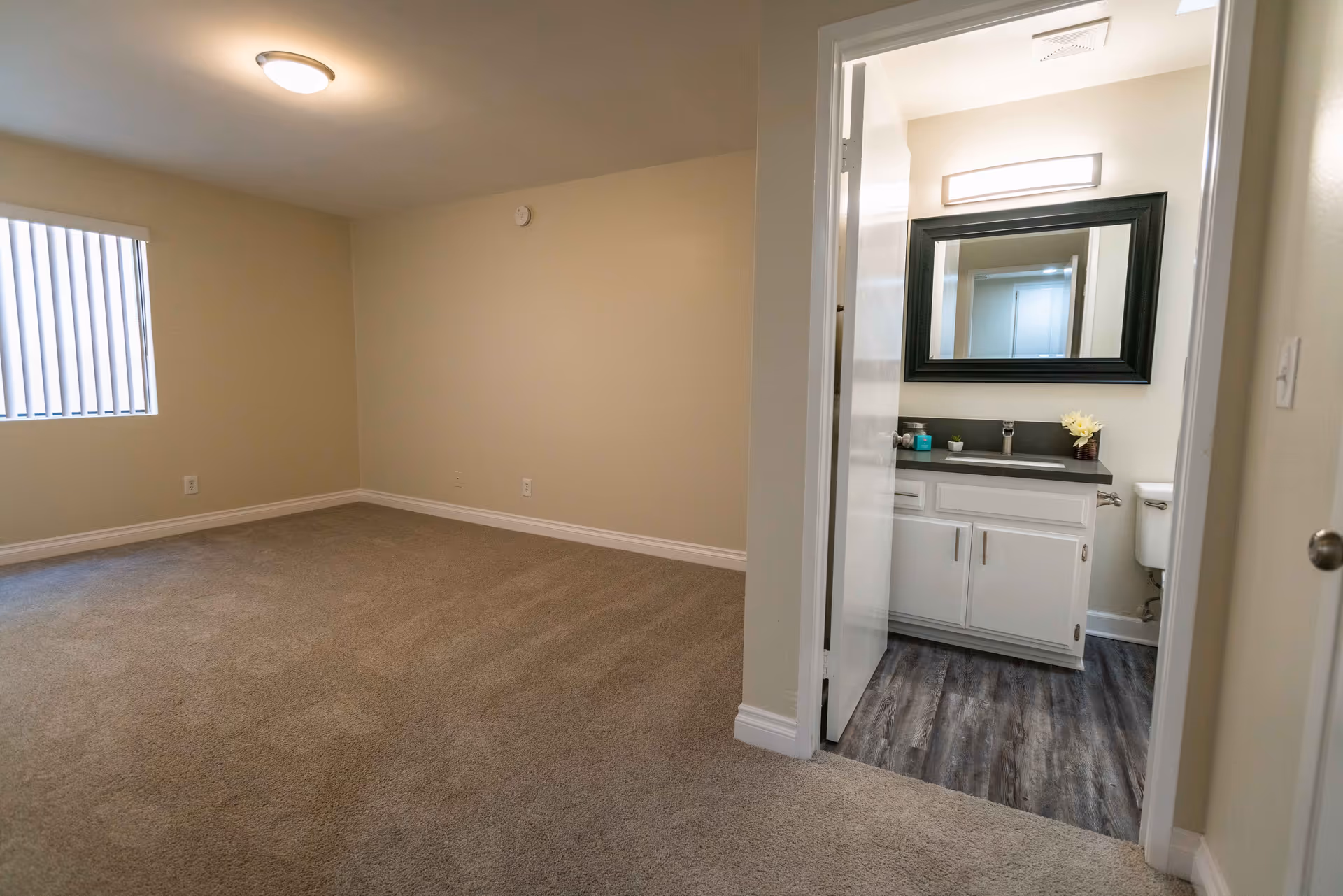 Empty room with beige carpet and cream-colored walls, a window with vertical blinds on the left wall, and an open door leading to a bathroom with a white vanity, a large mirror, and a toilet visible.