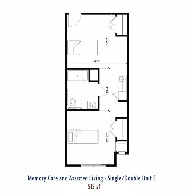 Architectural floor plan of a Memory Care and Assisted Living single/double unit labeled Unit E, showing two bedrooms, a bathroom with a toilet, sink, and bathtub, and a small kitchen area with a sink and cabinets. Dimensions are marked for each room.