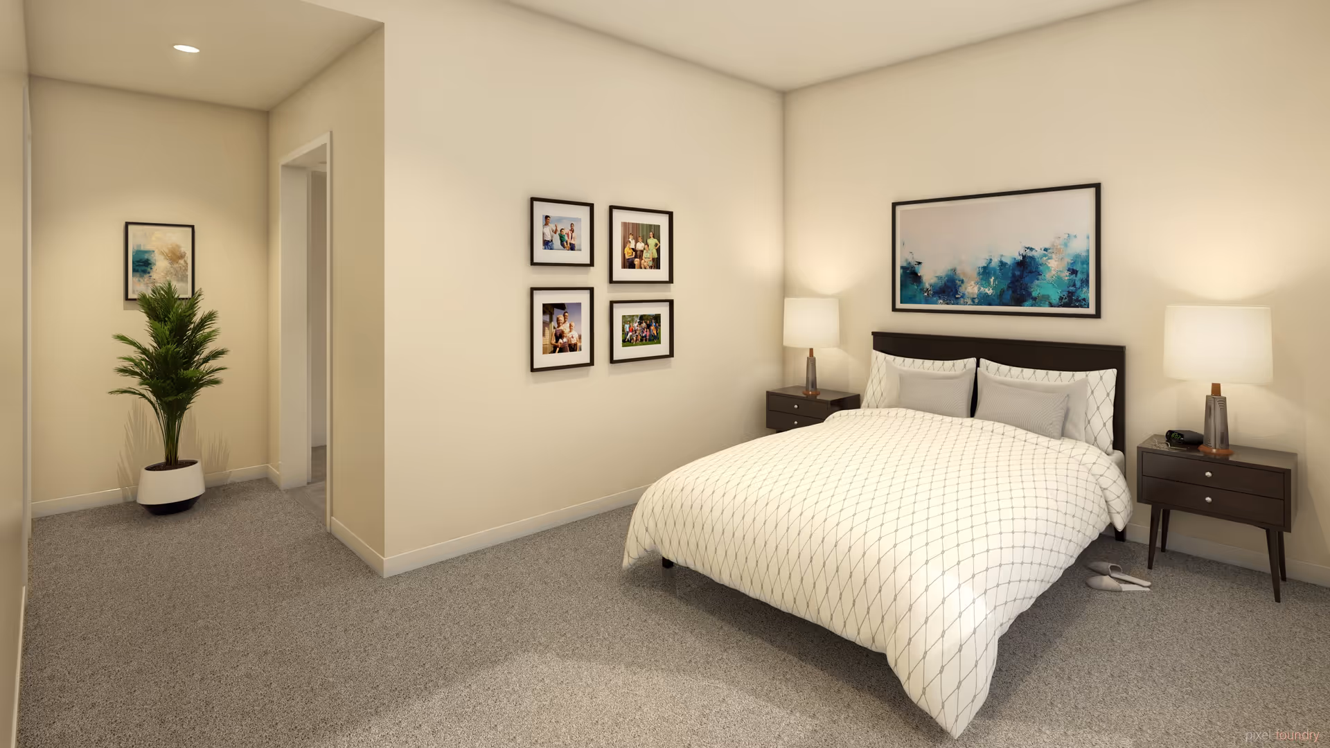 A cozy bedroom with a double bed covered in a white patterned duvet and two pillows. There are two dark wooden nightstands on either side of the bed, each with a lamp. On the wall above the bed is a large abstract painting in blue and green tones. To the left, there is a hallway with a potted plant and a framed artwork on the wall. Four framed family photos are hung on the wall near the bed. The room has beige walls and carpeted floor.