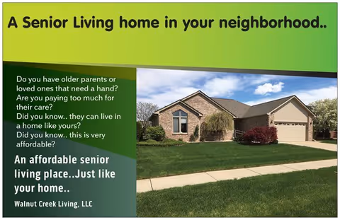 Advertisement for Walnut Creek Living, LLC showing a single-story brick house with a well-maintained lawn and clear blue sky. The text promotes an affordable senior living home in the neighborhood, addressing concerns about care for older parents or loved ones.