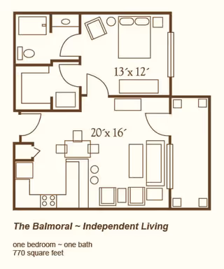 Brown schematic floor plan of 'The Balmoral' one-bedroom, one-bath independent living unit (770 sq ft) showing room layout and furniture.