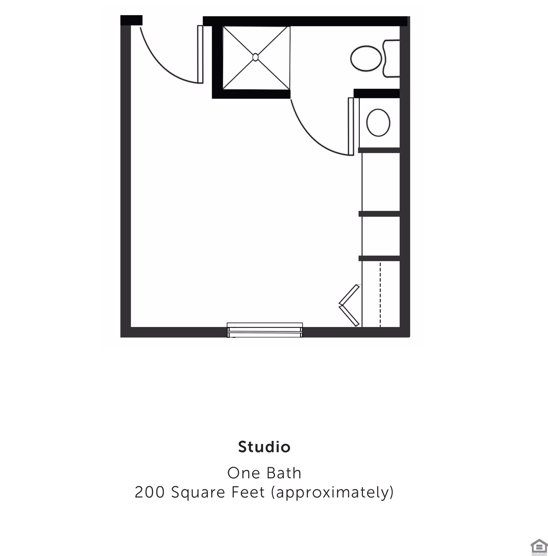 Top-down black-and-white floor plan of a small studio apartment with one bathroom, closet/storage and a main living space.